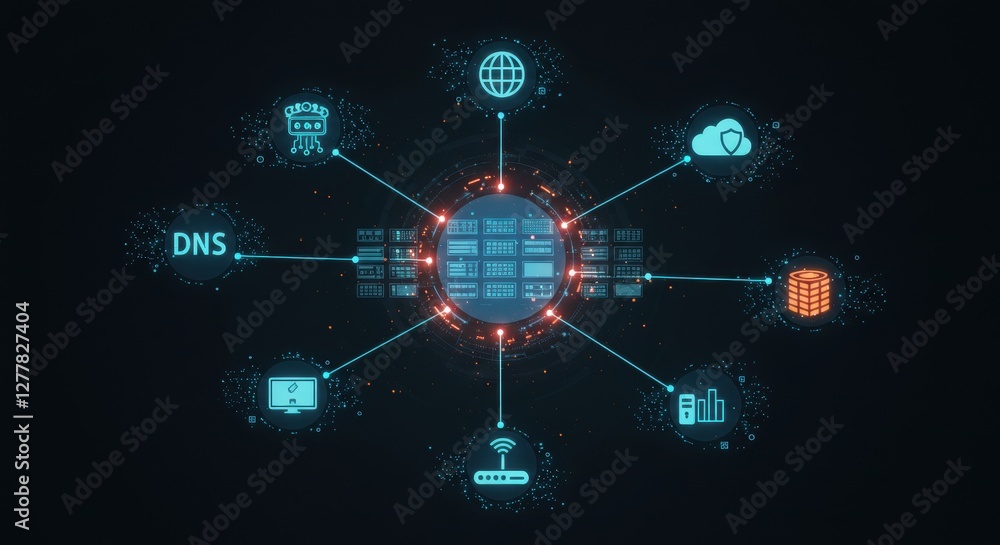 Poster futuristic network connectivity concept: centralized server node with cloud, database, and dns icons