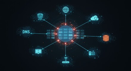 Fototapeta premium Futuristic network connectivity concept: centralized server node with cloud, database, and dns icons