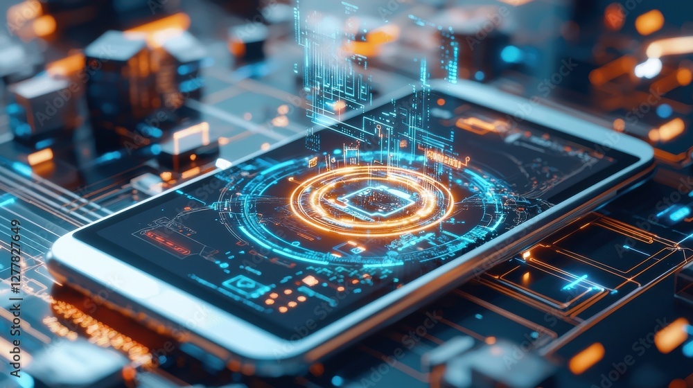 Poster futuristic smartphone interface with holographic digital data and tech elements