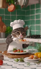 A cat chef prepares a delicious meal. AI.