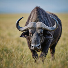 Powerful Cape Buffalo Gazing Intensely Against Blurred Savanna