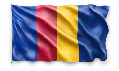 Obraz premium Waving flag of Chad, showcasing vibrant colors of blue, yellow, and red against a clear sky