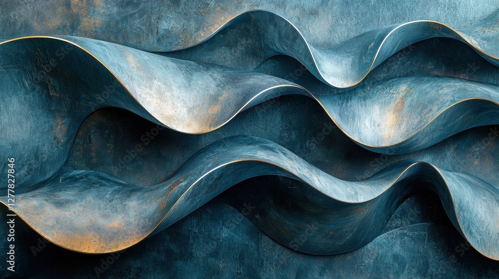 Poster abstract wavy pattern of blue metallic surface. conceptual design background.