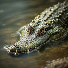 Fototapeta premium Menacing Crocodile with Piercing Eyes Against Dark Waters