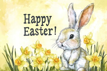 Happy Easter scripted over a watercolor Easter bunny among yellow daffodils.