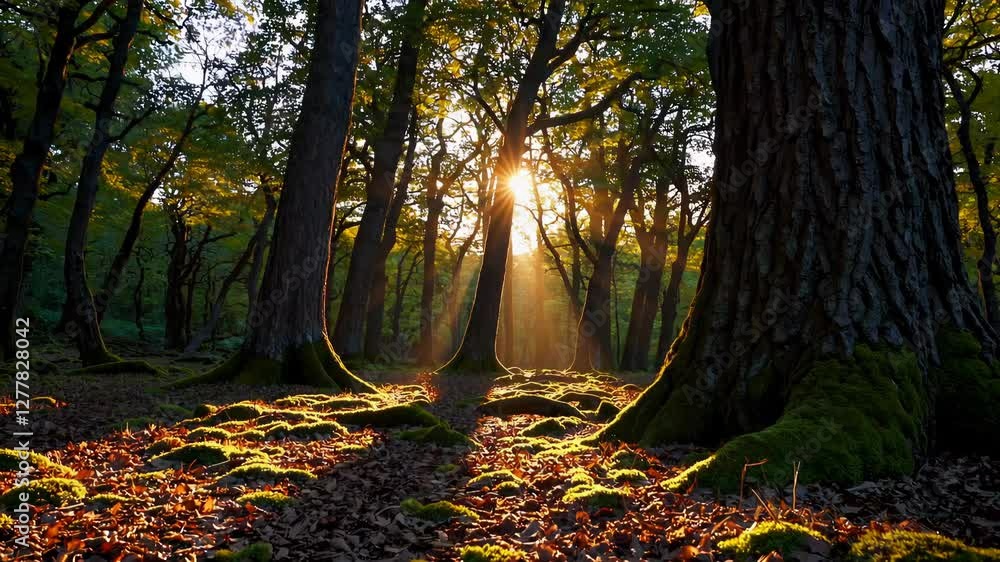 Aufkleber Sunlight filtering through dense forest with tall trees and mossy ground in autumn. Nature and tranquility concept
