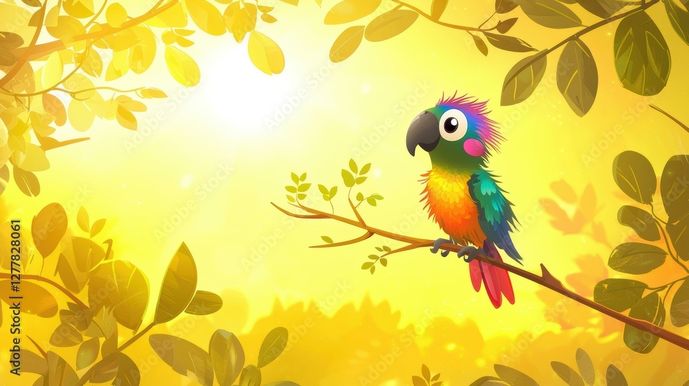 Sticker Colorful parrot perched on a branch. AI.