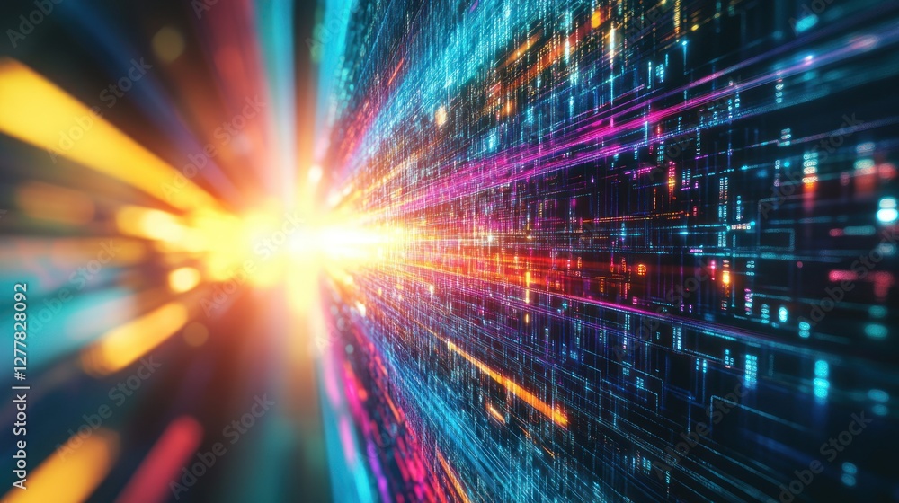 Poster abstract representation of digital data flow, showcasing vibrant colors and light streaks in a futur