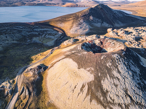 Aerial view of the volcanic landscape in landmannalaugar, Iceland.