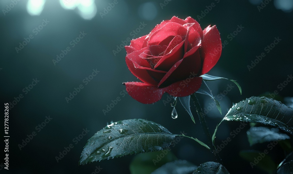 Poster Red rose with dew drops. AI.