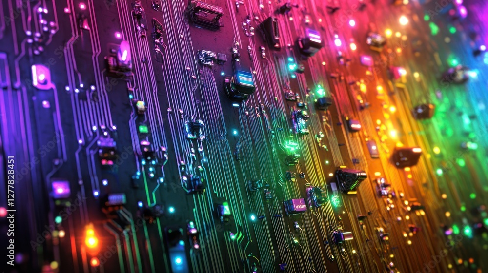 Poster colorful close-up of a vibrant circuit board with glowing components and intricate patterns