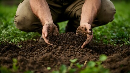 Close-Up of Farmer Hands Tending to Rich Soil in Lush Green Field, Emphasizing Sustainable Agriculture