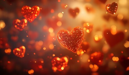 Glittering red hearts falling, romantic background, Valentine's Day card