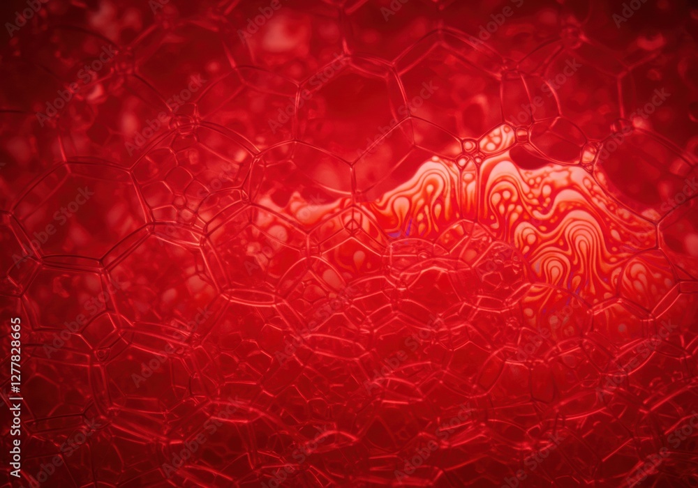 Poster abstract red hexagonal pattern with organic texture and light refraction