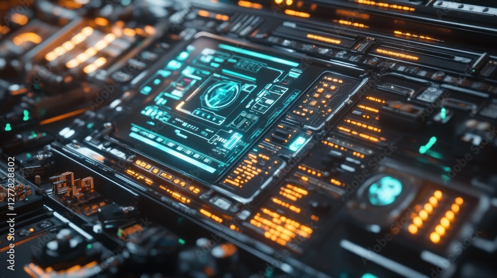 Poster futuristic control panel with glowing interfaces and intricate circuitry in a high-tech environment
