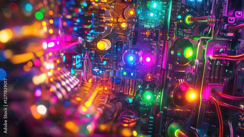 Poster close-up view of a vibrant and colorful electronic circuit board with glowing lights and intricate d