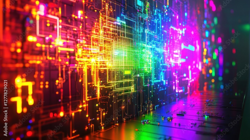 Poster vibrant digital circuitry illuminated with multicolored lights against a dark background