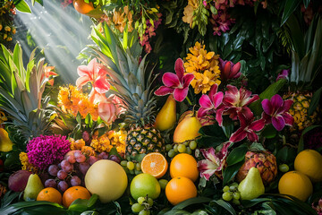 A colorful tropical fruit and flower display, including pineapples, oranges, lemons, and lilies. Sunlight filters through the leaves, creating an exotic atmosphere with vivid colors.