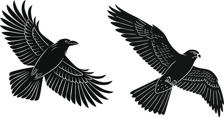 Fototapeta premium Hawk and Bird of Prey Icons Vector Silhouettes of Majestic Birds in Flight
