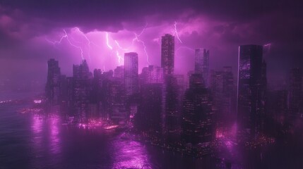 Lightning storm over city in purple light
