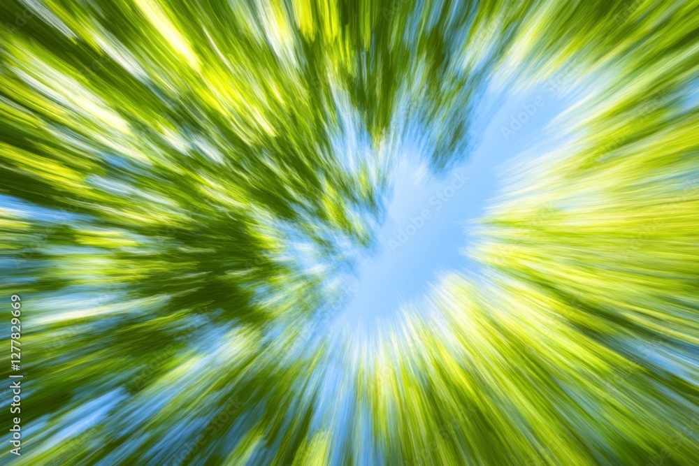 Poster abstract canopy view capturing green foliage and sky with dynamic motion blur effect in a forest