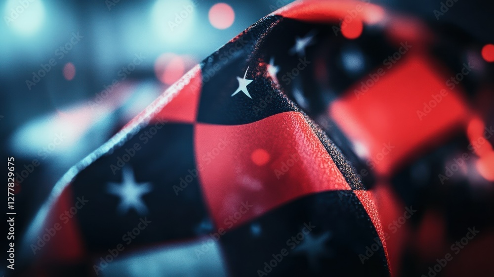 Poster close-up of a vibrant checkered fabric with stars, creating a dynamic texture in a blurred backgroun