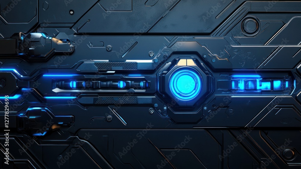Poster futuristic blue-lit control panel with intricate details and a sleek design in a tech environment