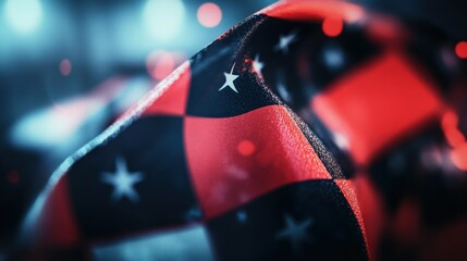 Close-up of a vibrant checkered fabric with stars, creating a dynamic texture in a blurred background