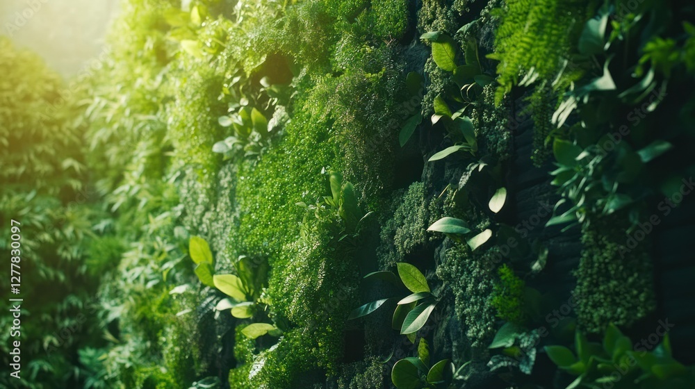 Poster lush green vertical garden with diverse foliage and soft sunlight filtering through, creating a sere