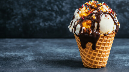 A Delightful Treat: A delectable ice cream cone, overflowing with scoops of vanilla ice cream, generously drizzled with rich chocolate syrup and sprinkled with colorful toppings.