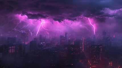 Lightning storm over city in purple light