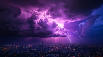 Fototapeta premium Lightning storm over city in purple light