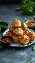 Stacked Savory Kimchi Bignè with Fresh Cilantro and Sauces