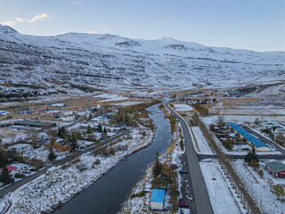 Obraz premium Aerial view of the winter time in Seydisfjordur, a small town in east part of Iceland.