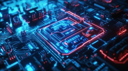 Obraz premium Close-up view of a futuristic circuit board with glowing blue and red lights, showcasing technology