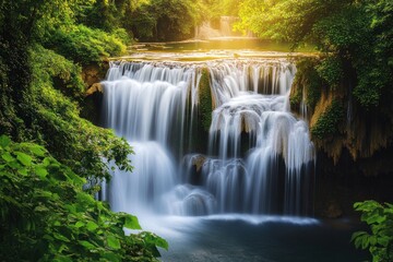 A scenic waterfall in a tropical forest surrounded by vibrant summer greenery, sunlight filtering through. Full ultra HD,