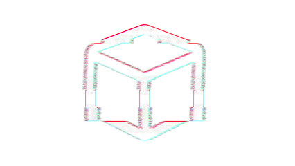 Icon cube is distorted. Glitch. Noise, chromatic aberration, geometric distortion