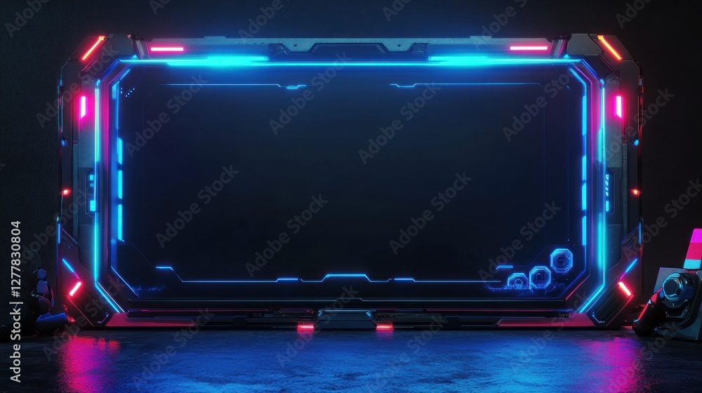 Poster futuristic neon frame design with glowing edges and dark background for digital content display