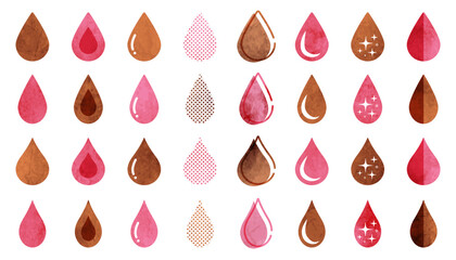 A set of various water droplet-shaped icons (pink and brown)