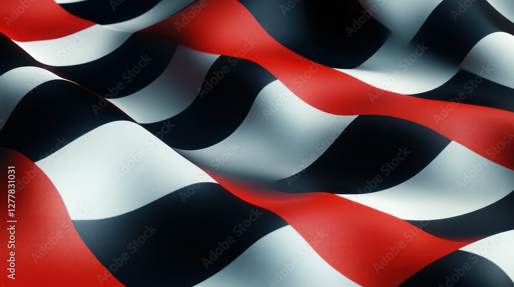 Poster waving fabric in red, black, and white, creating a dynamic visual texture with soft shadows