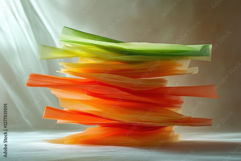 Poster abstract image of layered translucent tissue paper in vibrant shades of orange, yellow, and green, c
