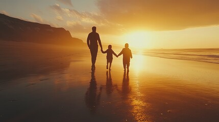 Cherishing Everyday with Kids, Family Walking Hand in Hand on a Beach at Sunset