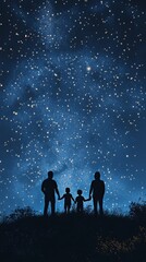 Fototapeta premium Cherishing Everyday with Kids, Family Silhouette Against Night Sky with Starry Background