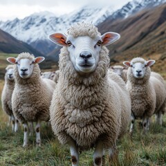 Fototapeta premium Flock of sheep in scenic mountain landscape with snow-capped peaks