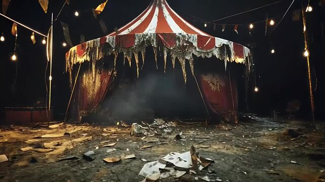 Abandoned circus tent with tattered fabric and scattered debris under dim lighting