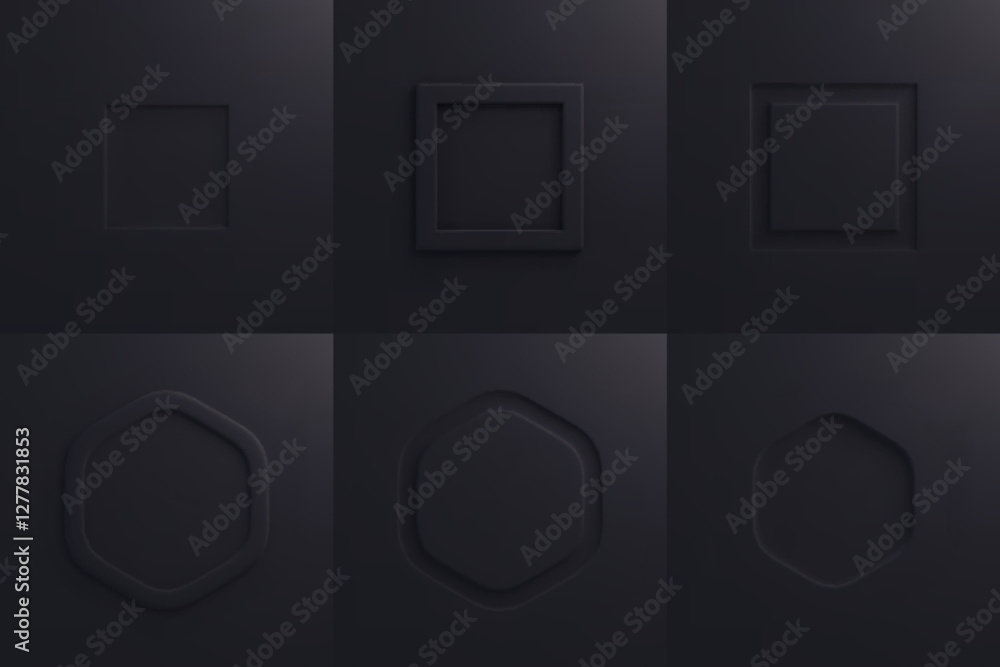 Aufkleber black emboss square and hexagon frames on dark background. minimal geometric shapes with deep relief