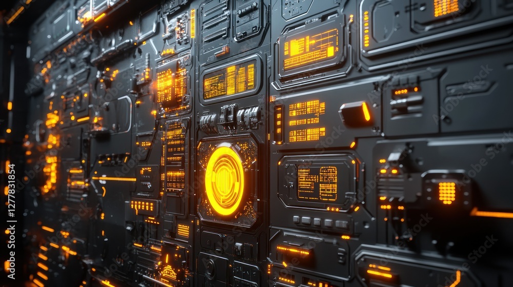 Poster futuristic control panel with glowing orange elements and intricate circuitry in a dark environment