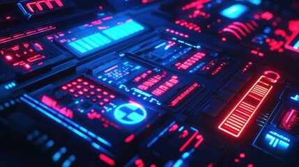 Obraz premium Futuristic control panel with glowing blue and red lights, showcasing intricate circuitry and technology