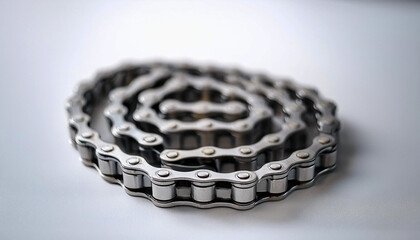 a metallic motorcycle chain, The chain's reflective surface and precise mechanical structure highlight its use in motorcycles, bicycles, and industrial machinery, mechanical maintenance