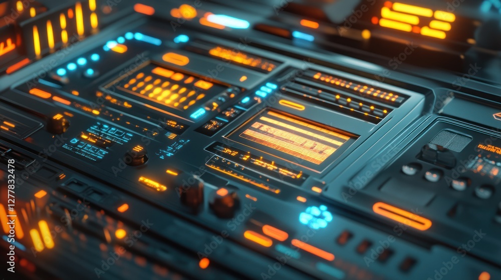 Poster futuristic control panel with glowing buttons and screens, showcasing advanced technology in a dark 